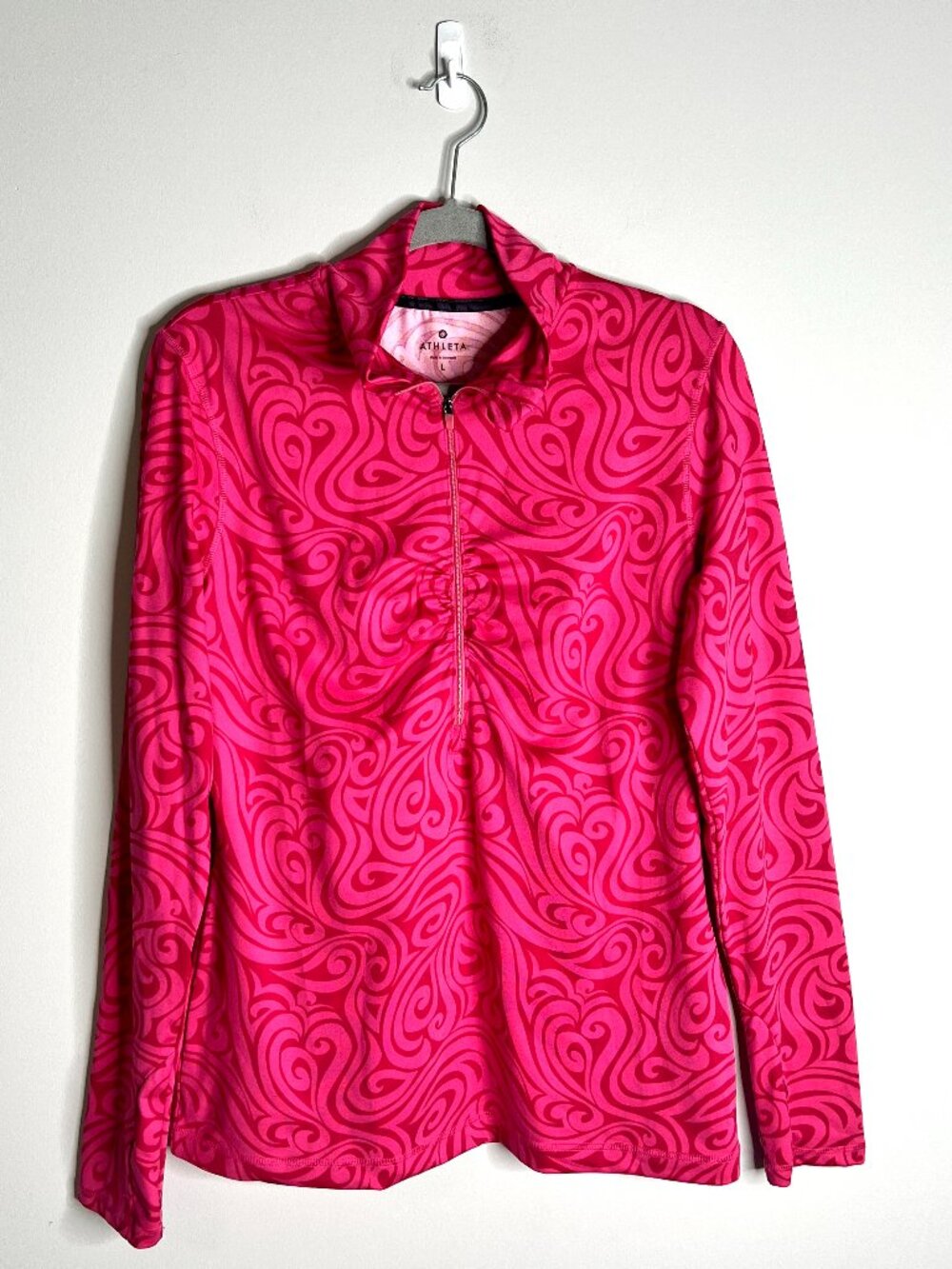 Athleta Bright Pink Swirl Print 1/2 Zip Pullover Mock Neck Long Sleeve Top Sz L